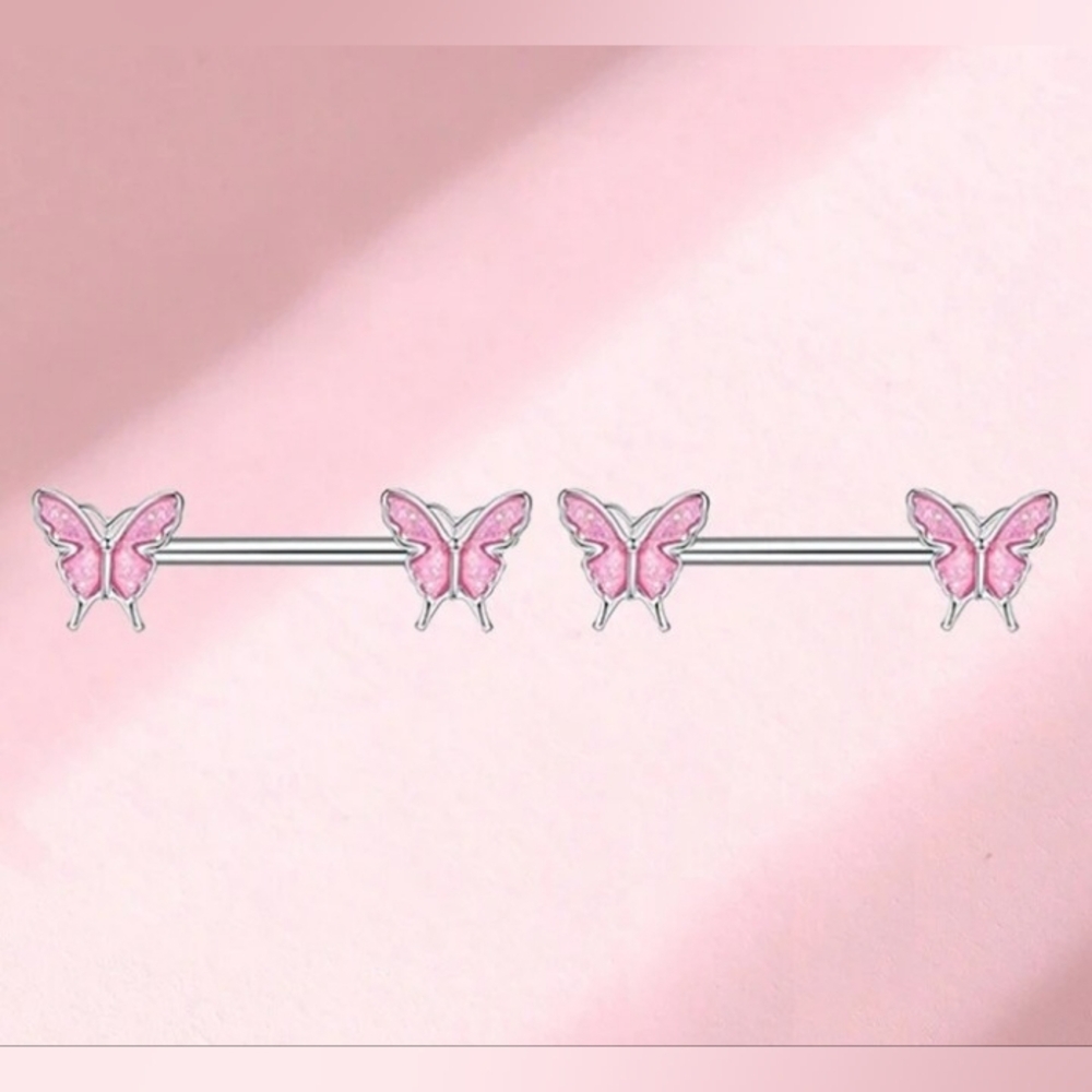 Pink Butterfly Nipple Piercings 14G